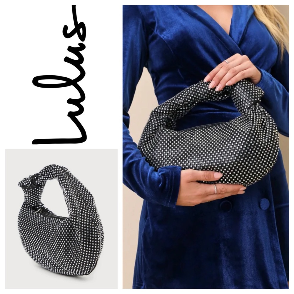 NWOT Lulu’s Stunning Purpose Black Rhinestone Knot Handle Clutch Bag